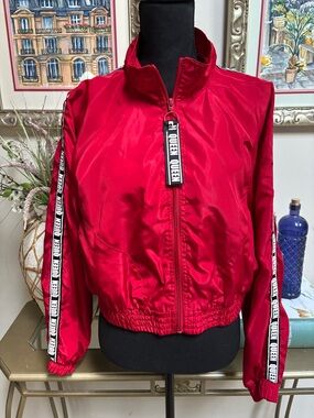 “Queen” Red Satin Bomber Cropped Zip-Up Jacket with Branded Trim Size XL